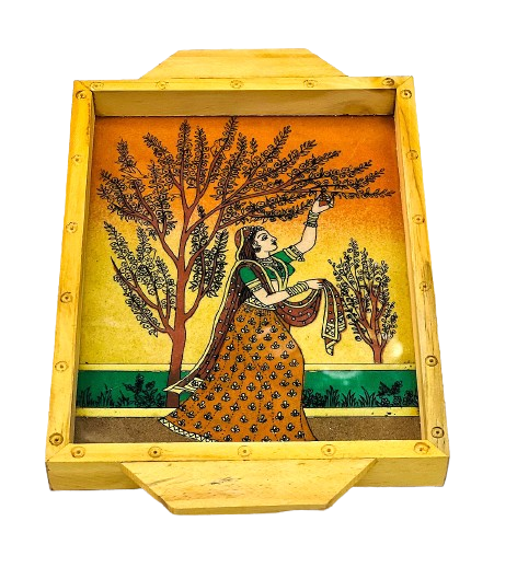Handmade Ethnic Gemstone Painted Pretty Wooden Serving Tray (6x8)