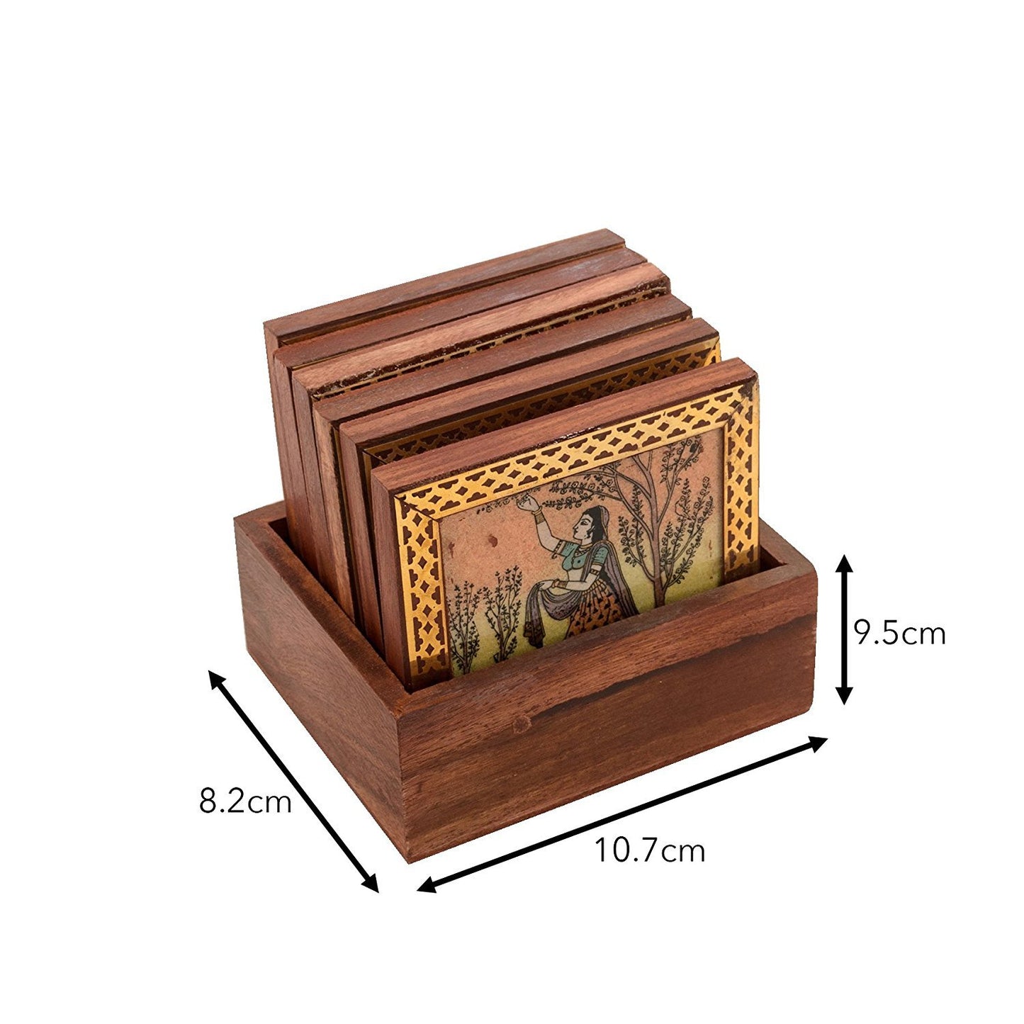 Brown Wooden Gems Stone Painting Brass Border Work Coaster Set For Home Decor And Gift