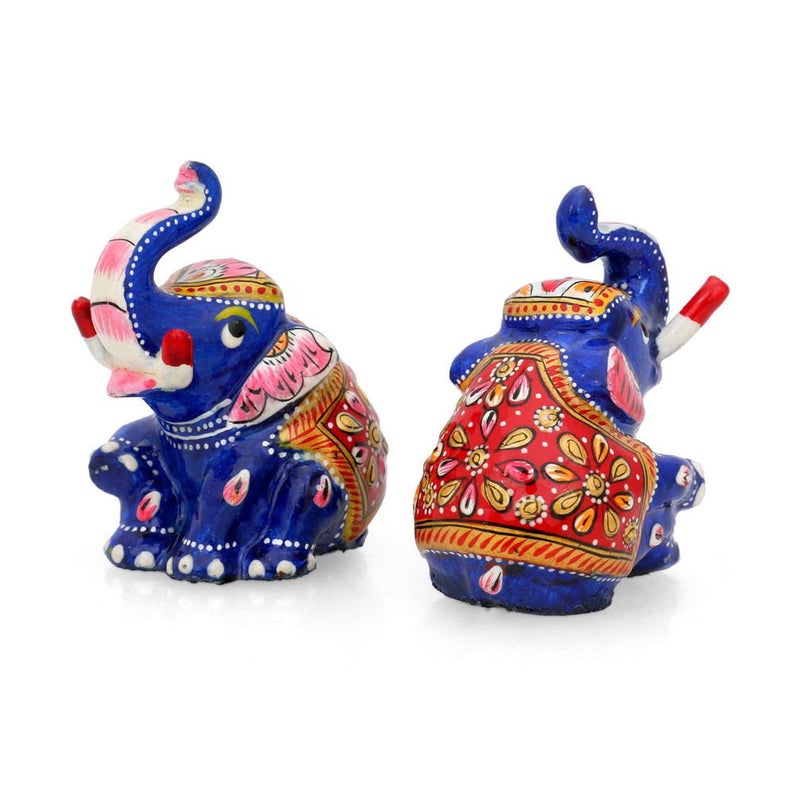 Hand Painted Metal Enamelled Pair of Sitted Elephant