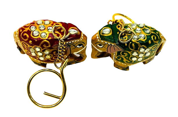 Wooden Hand-Painted And Pearl Work Elephant Key Ring Set