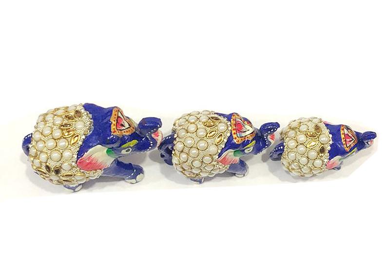 Handmade Wooden Hand Painted Lacquer And Pearl Work Elephant in set of 3
