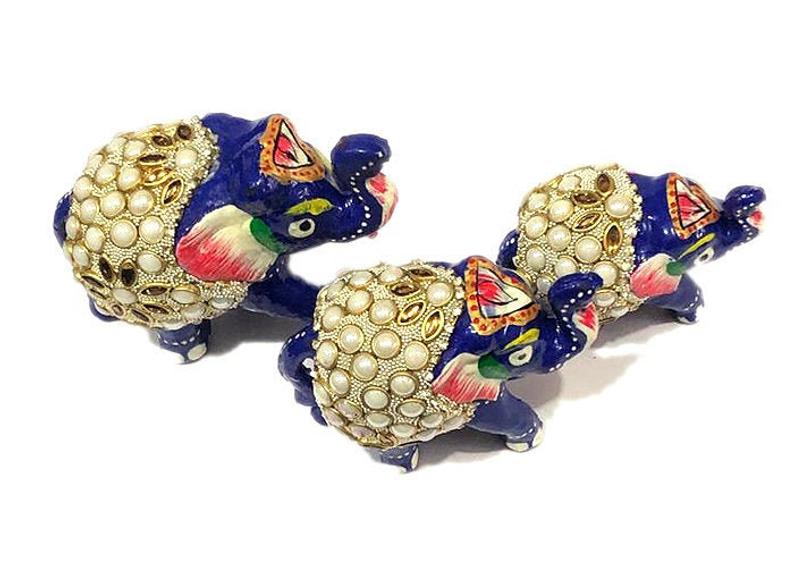 Handmade Wooden Hand Painted Lacquer And Pearl Work Elephant in set of 3