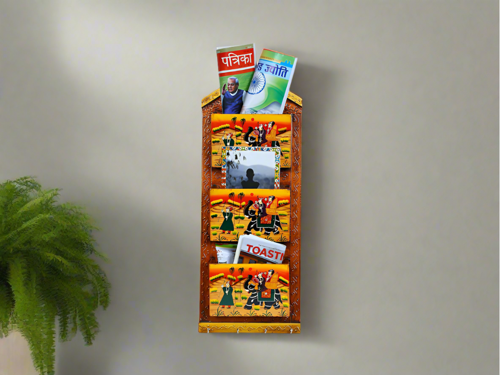 Wooden Hand Painted Letter /Magazine /Newspaper Holder and 4 Key Holder for Wall Home Decor & Gift (21X9 inches, Brown)