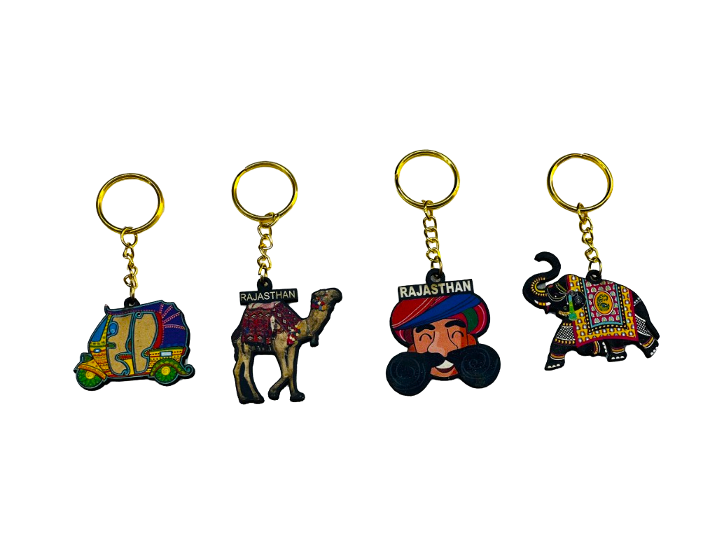 Jaipuri Wooden Handmade Mix Design Key Chain Set Of 12