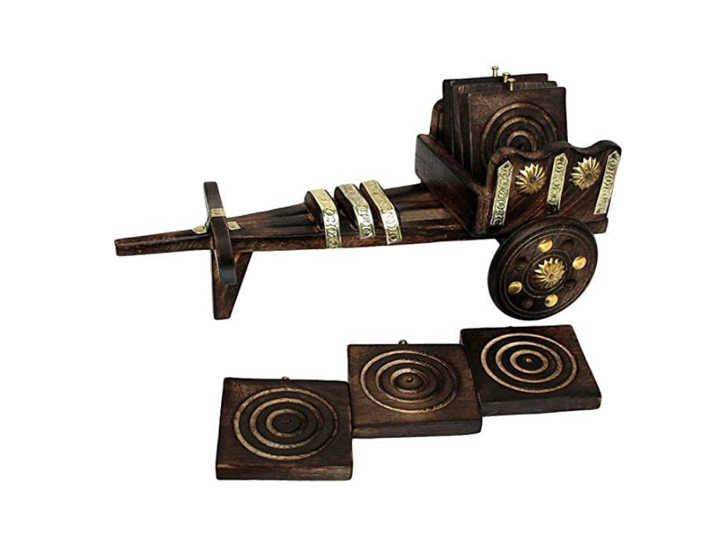 Handmade Wooden Bullock Cart Shaped Tea Coffee Coaster (Pack of 6)