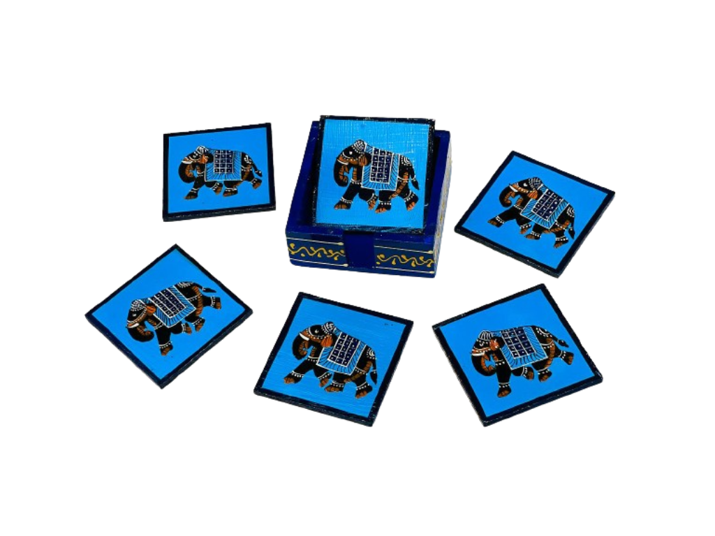 indian Handmade Wooden Hand-Painted 6Pc Tea Coaster Set