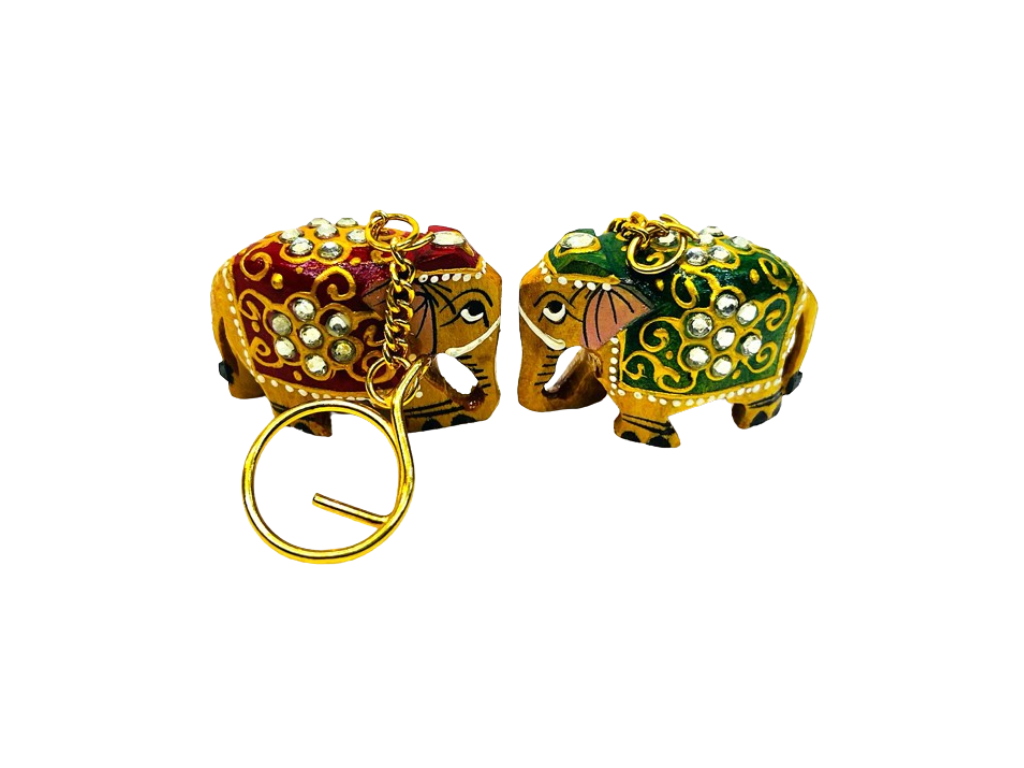 Wooden Hand-Painted And Pearl Work Elephant Key Ring Set