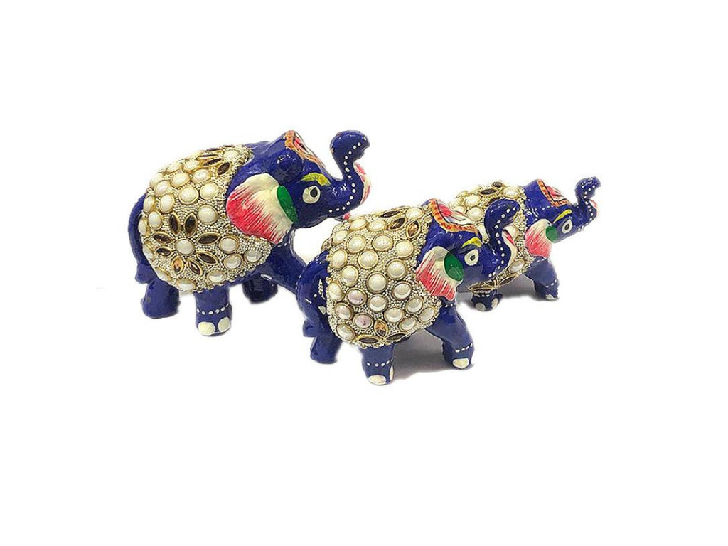 Handmade Wooden Hand Painted Lacquer And Pearl Work Elephant in set of 3