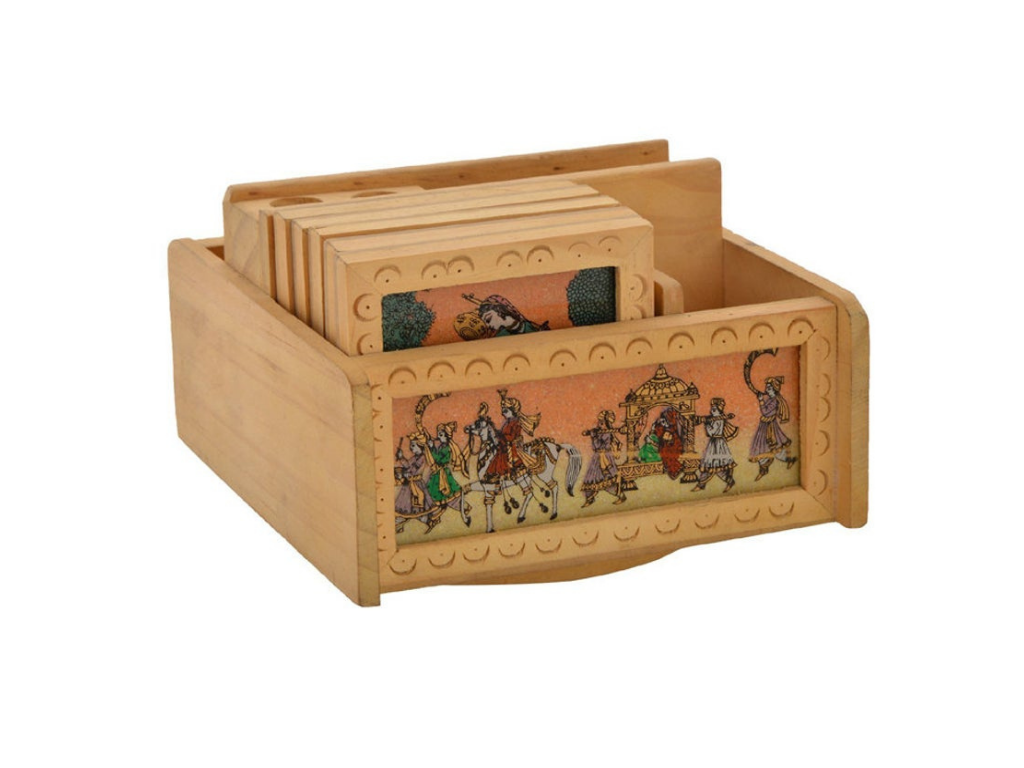 Wooden Handmade Office Set In Gemstone Painting With Coaster Set Of 6 Plates