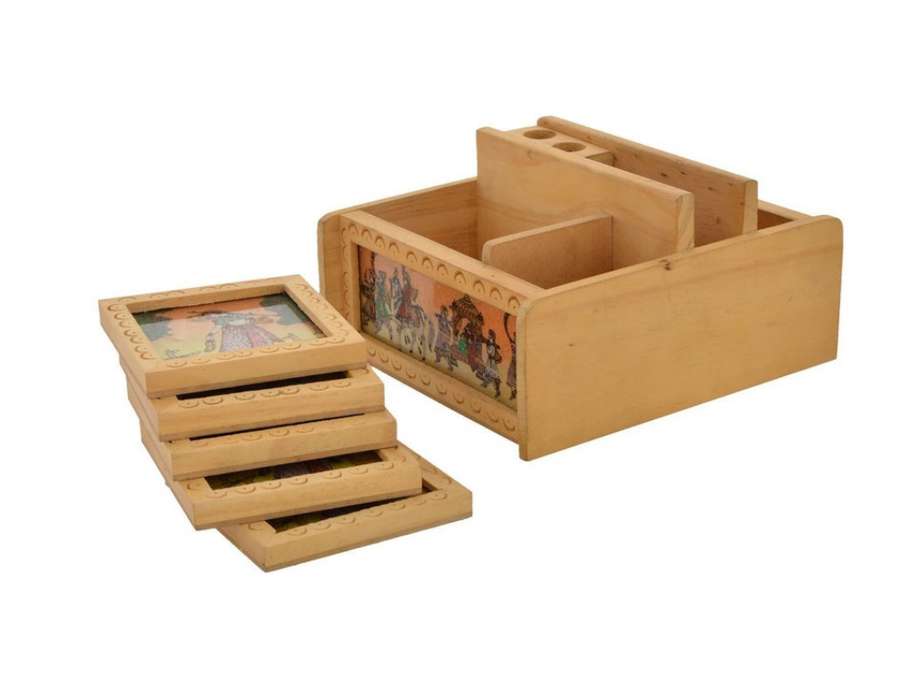 Wooden Handmade Office Set In Gemstone Painting With Coaster Set Of 6 Plates