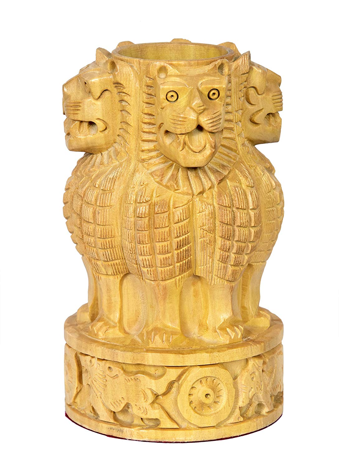 Indian Handmade Wooden Hand Carved Ashoka Pen Stand For Decor And Gift