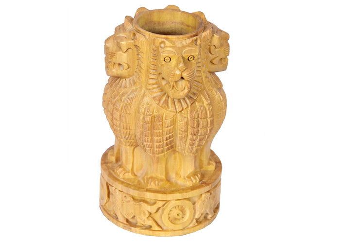 Indian Handmade Wooden Hand Carved Ashoka Pen Stand For Decor And Gift