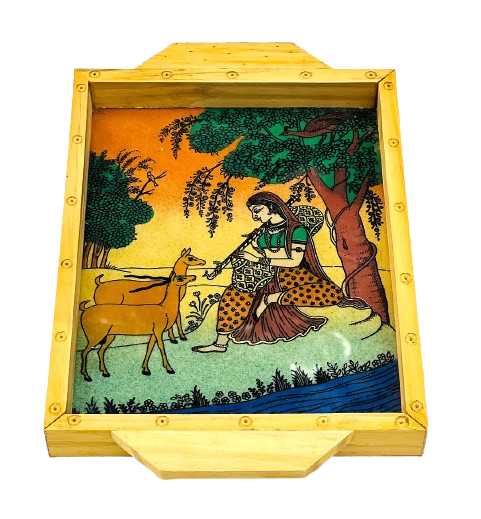 Handmade Ethnic Gemstone Painted Pretty Wooden Serving Tray (6x8)