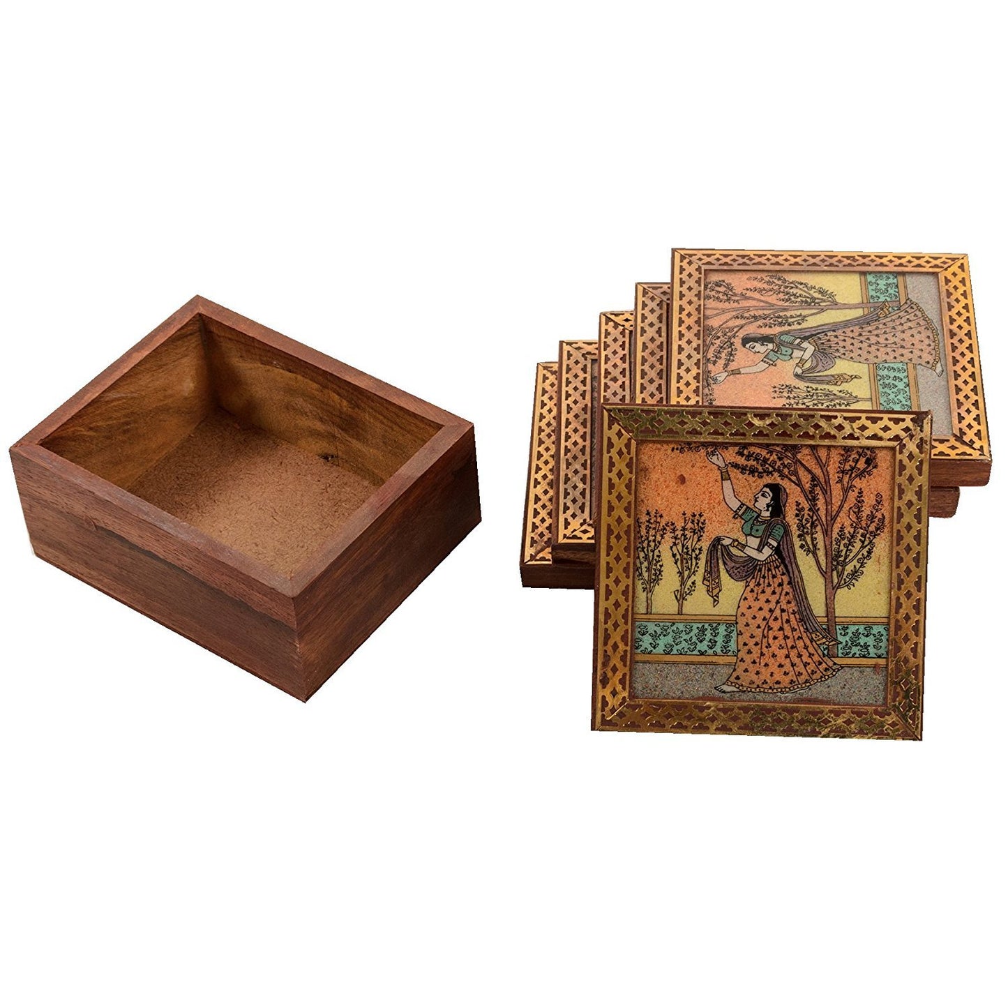 Brown Wooden Gems Stone Painting Brass Border Work Coaster Set For Home Decor And Gift