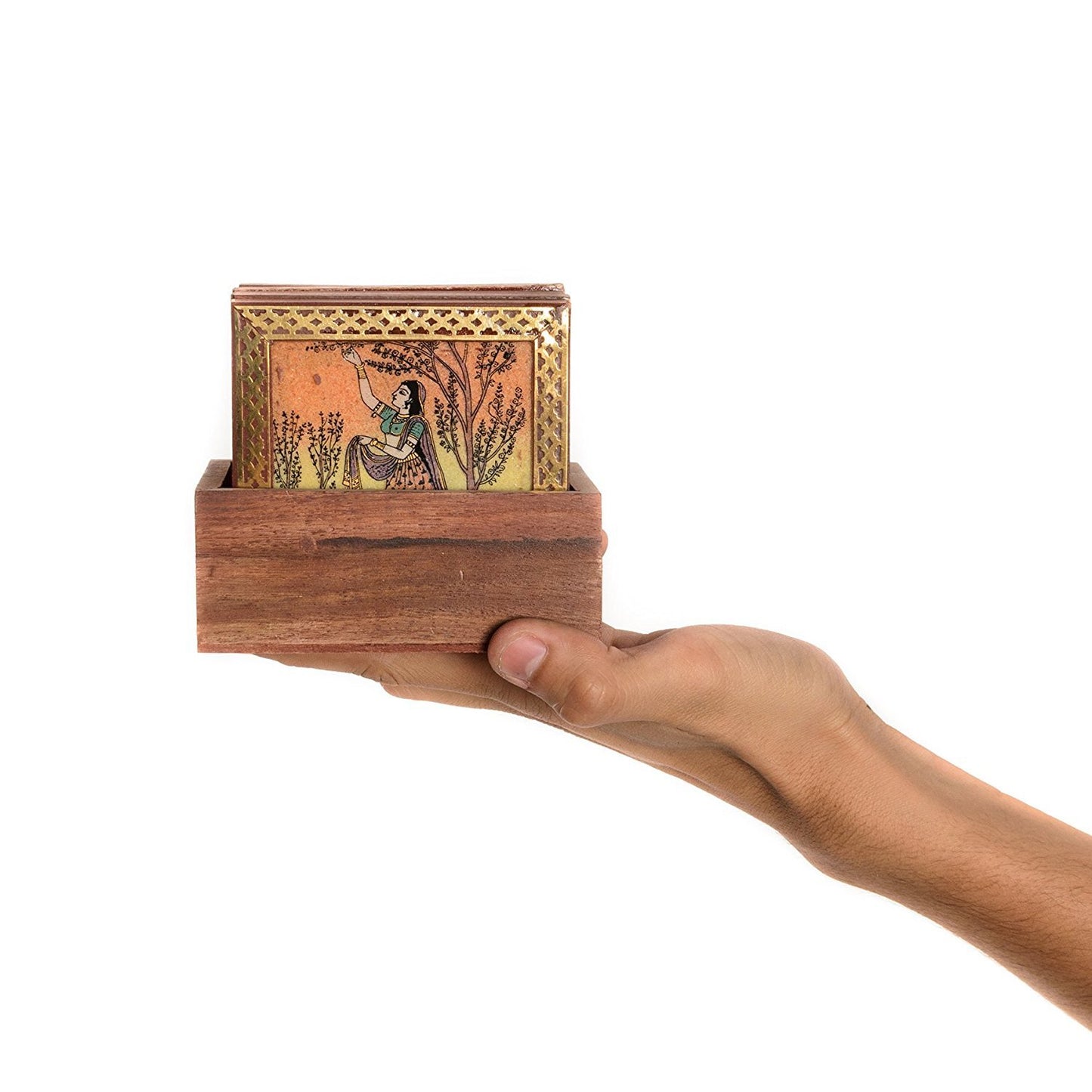 Brown Wooden Gems Stone Painting Brass Border Work Coaster Set For Home Decor And Gift
