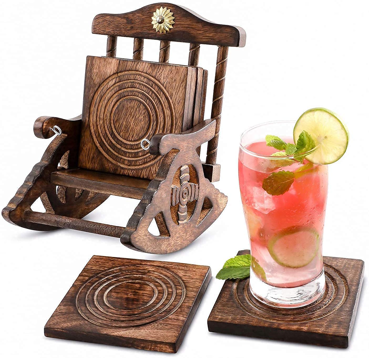 Wooden Coaster Set of 6, Antique Miniature Rocking Chair Design Tea Coaster Set