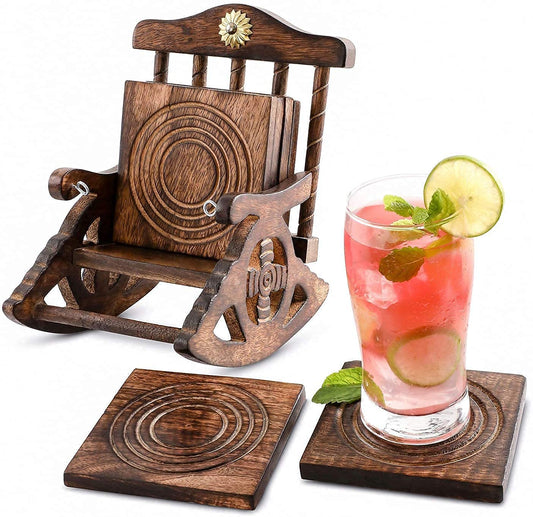 Wooden Coaster Set of 6, Antique Miniature Rocking Chair Design Tea Coaster Set