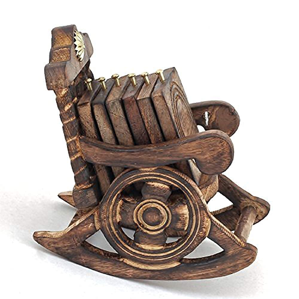 Wooden Coaster Set of 6, Antique Miniature Rocking Chair Design Tea Coaster Set