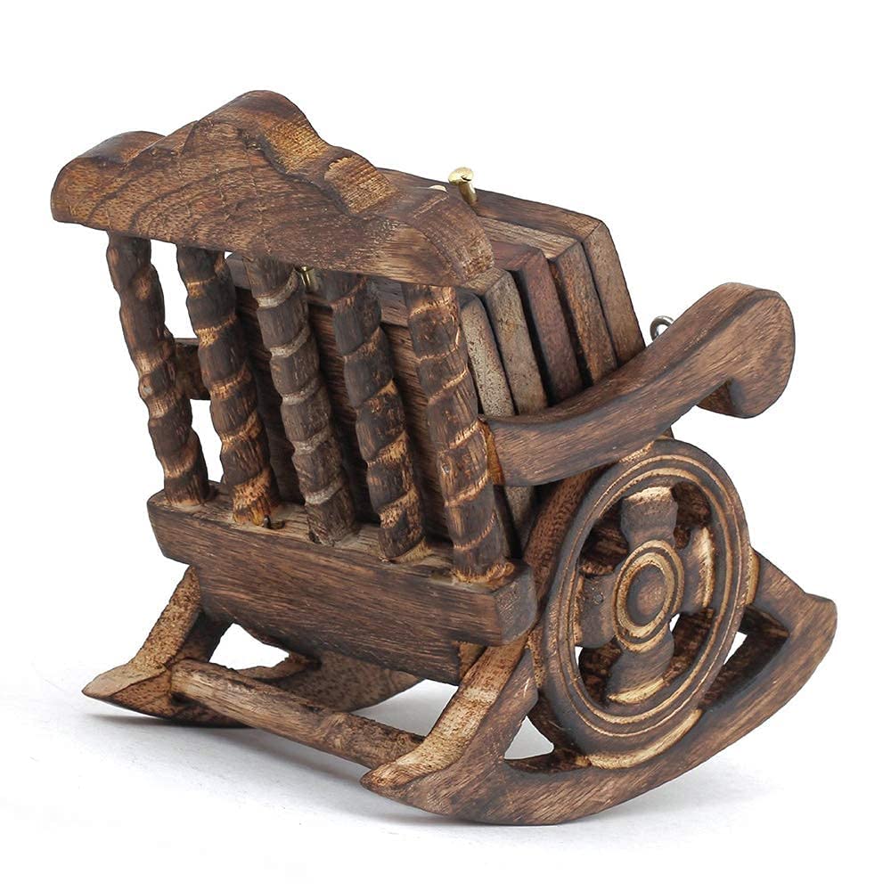 Wooden Coaster Set of 6, Antique Miniature Rocking Chair Design Tea Coaster Set