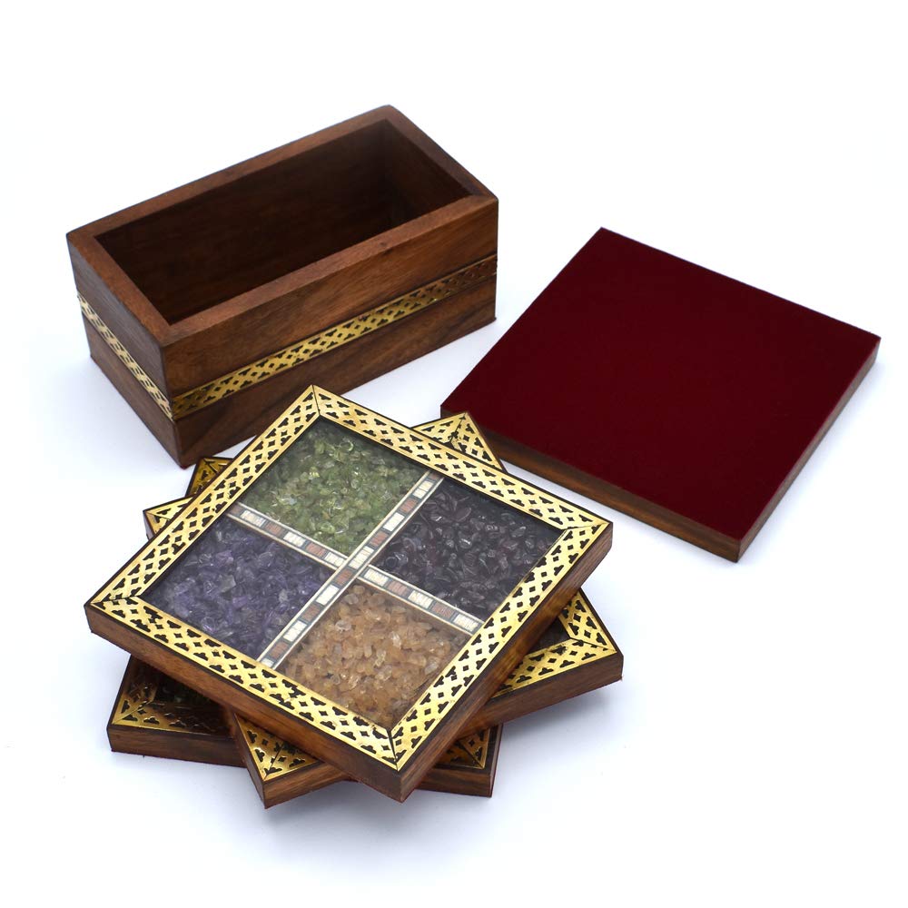 Wooden Handmade Brass Inlay Work 4pc Gem Stone Coaster