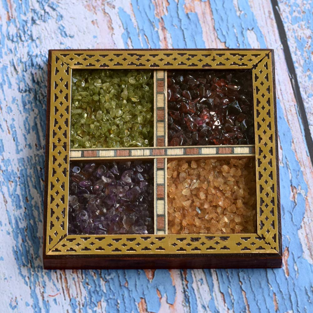 Wooden Handmade Brass Inlay Work 4pc Gem Stone Coaster