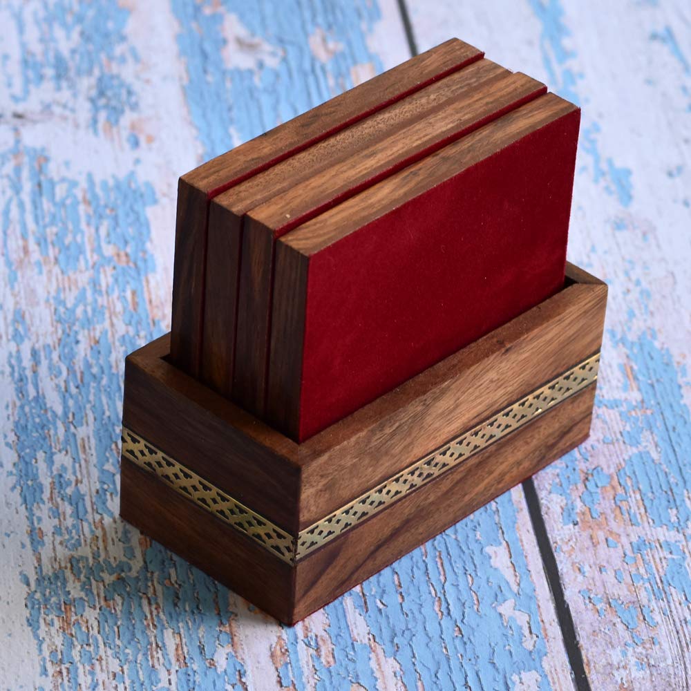 Wooden Handmade Brass Inlay Work 4pc Gem Stone Coaster