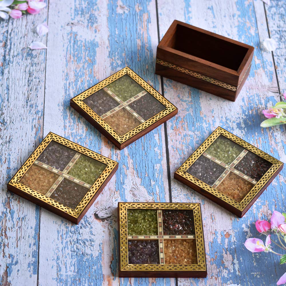 Wooden Handmade Brass Inlay Work 4pc Gem Stone Coaster