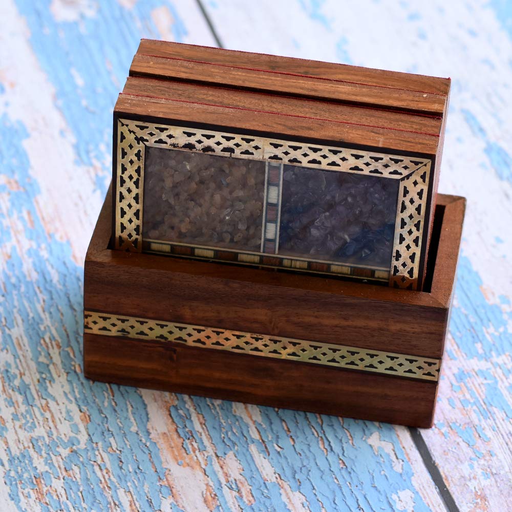Wooden Handmade Brass Inlay Work 4pc Gem Stone Coaster