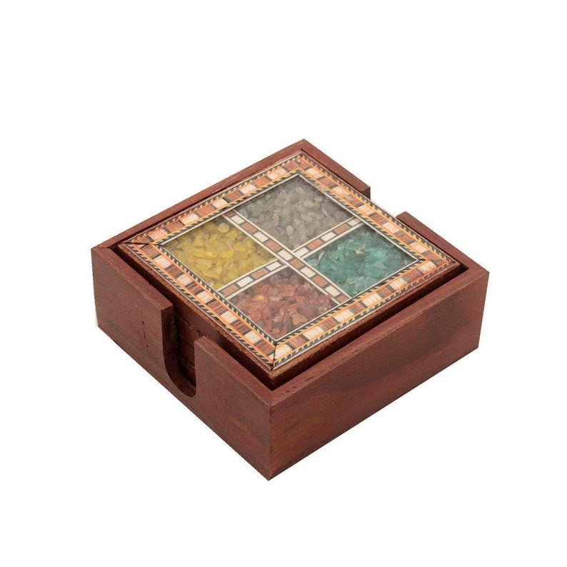 Wooden Real Gemstone 4pc Coaster Set Showpiece