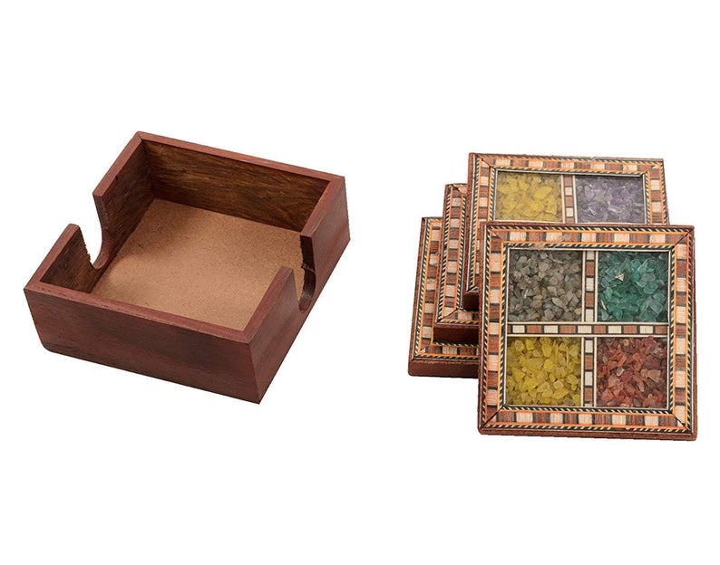 Wooden Real Gemstone 4pc Coaster Set Showpiece