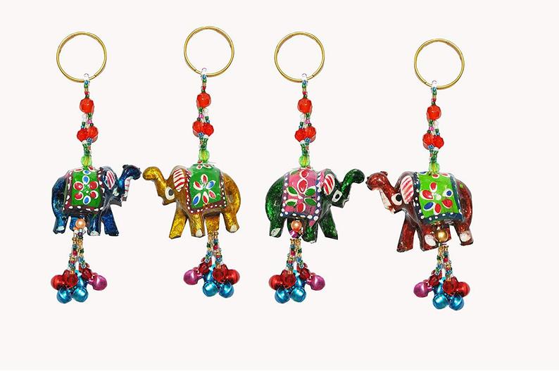 Handmade Wooden Hand-painted Elephant Multi colour Key Ring - Set of 12
