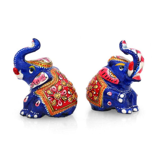 Hand Painted Metal Enamelled Pair of Sitted Elephant