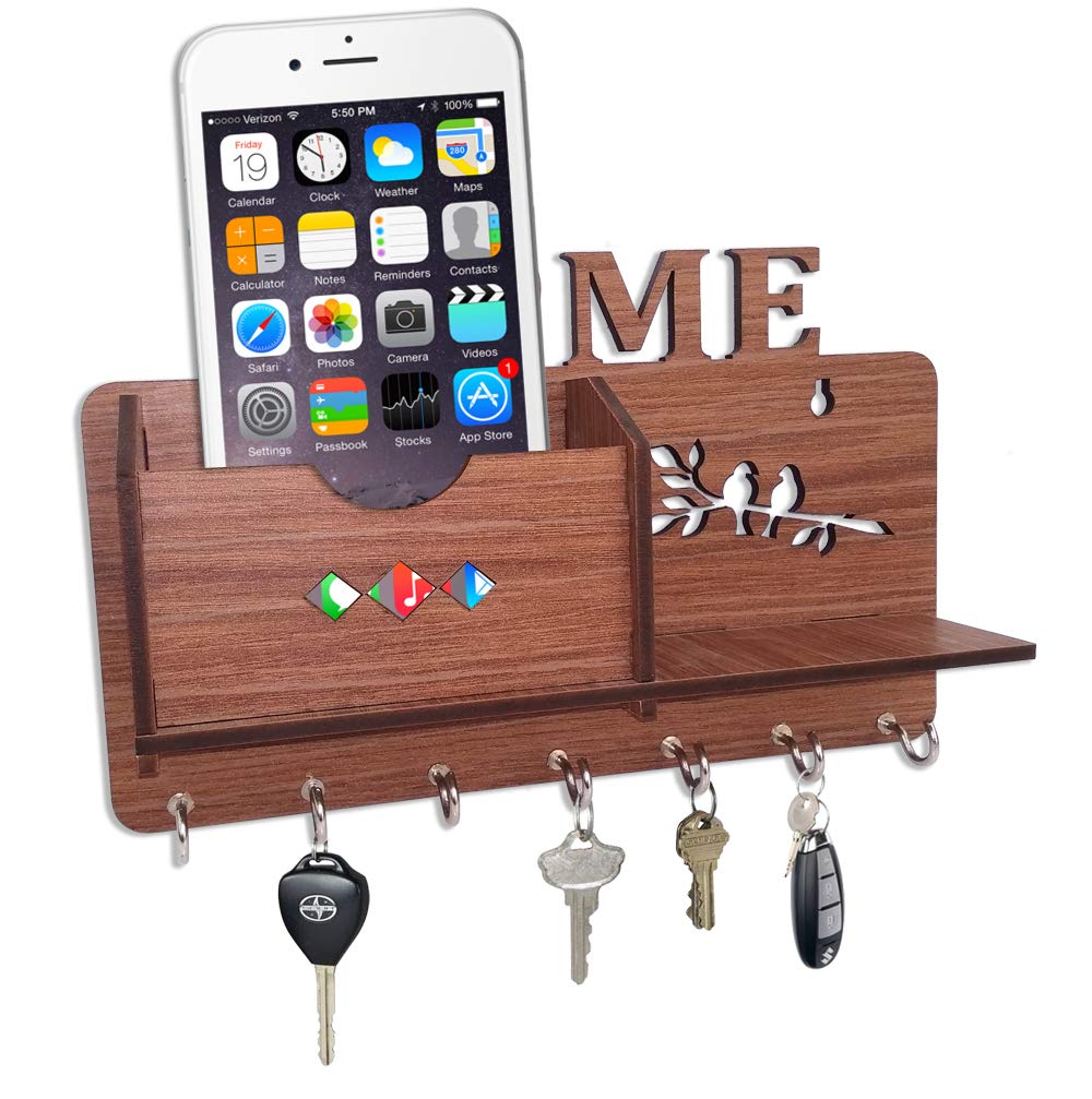 Beautiful Wooden 7 Hooks Wall Key Hanger and Mobile Stand For Home Decor