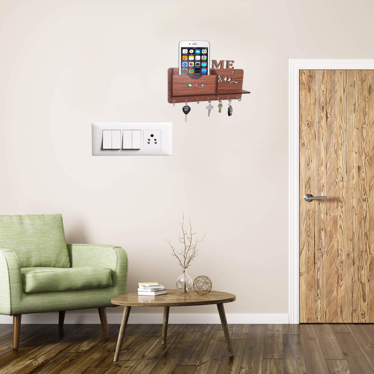 Beautiful Wooden 7 Hooks Wall Key Hanger and Mobile Stand For Home Decor