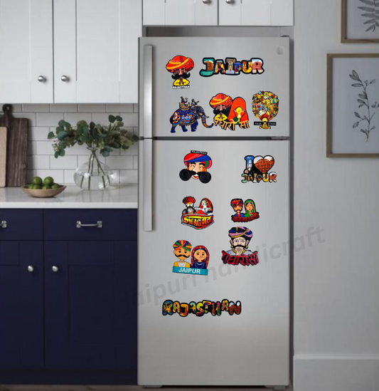 Handmade Printed Wooden Rajasthani Fridge Magnet - Set Of 12