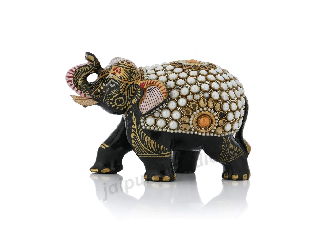 Handmade Wooden Elephant With Pearl Work For Decor