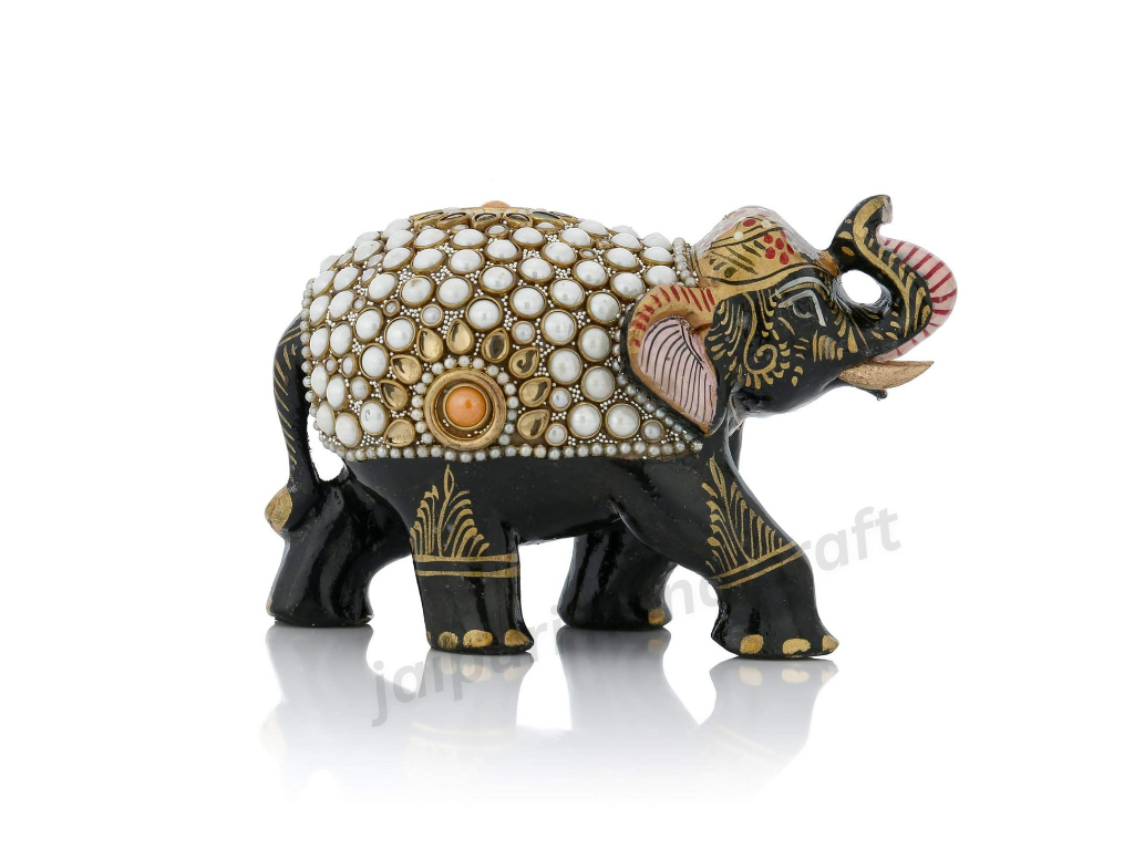 Handmade Wooden Elephant With Pearl Work For Decor