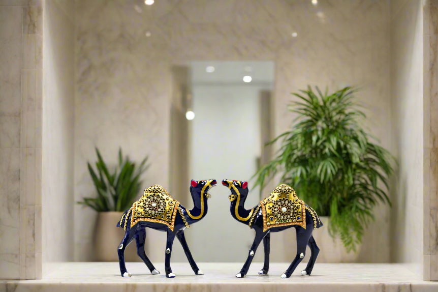 Metal Handmade Stone Work Camel Decorative Showpiece Figurine for Decor (Set of 2)