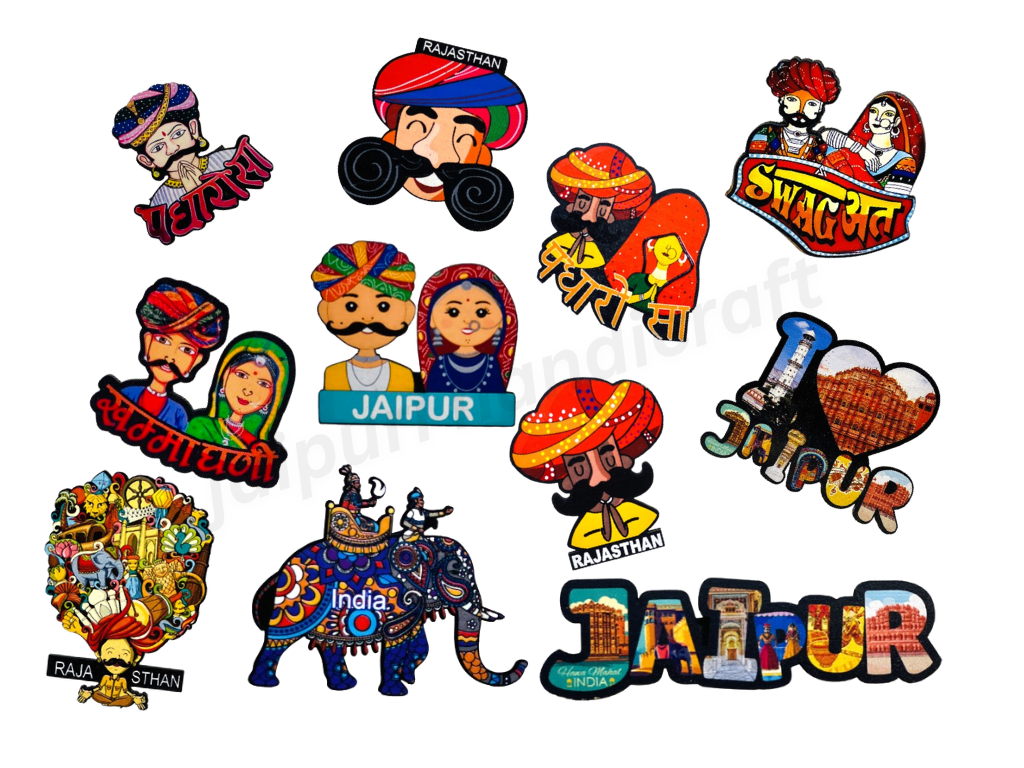 Handmade Printed Wooden Rajasthani Fridge Magnet - Set Of 12