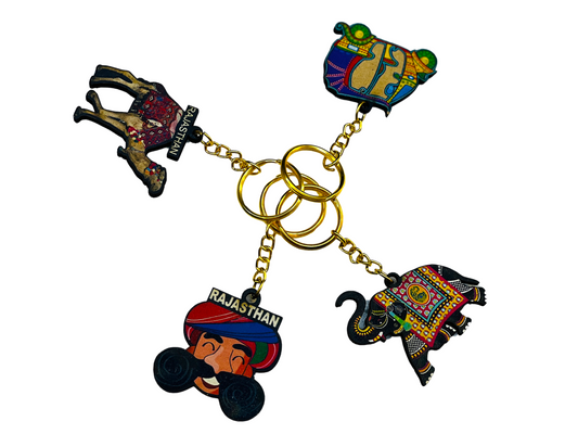 Jaipuri Wooden Handmade Mix Design Key Chain Set Of 12