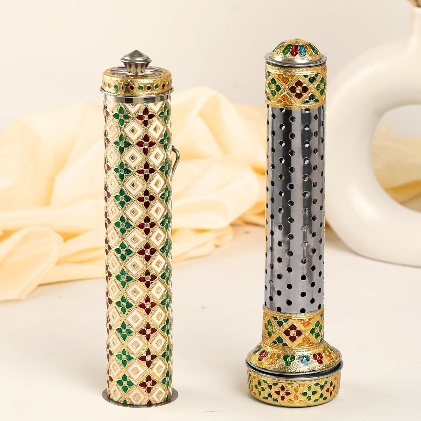 Meenakari Stainless Steel Agarbatti Storage Box with Stand Incense Stick Holder with Stand Incense Storage Box & Holder (Combo)