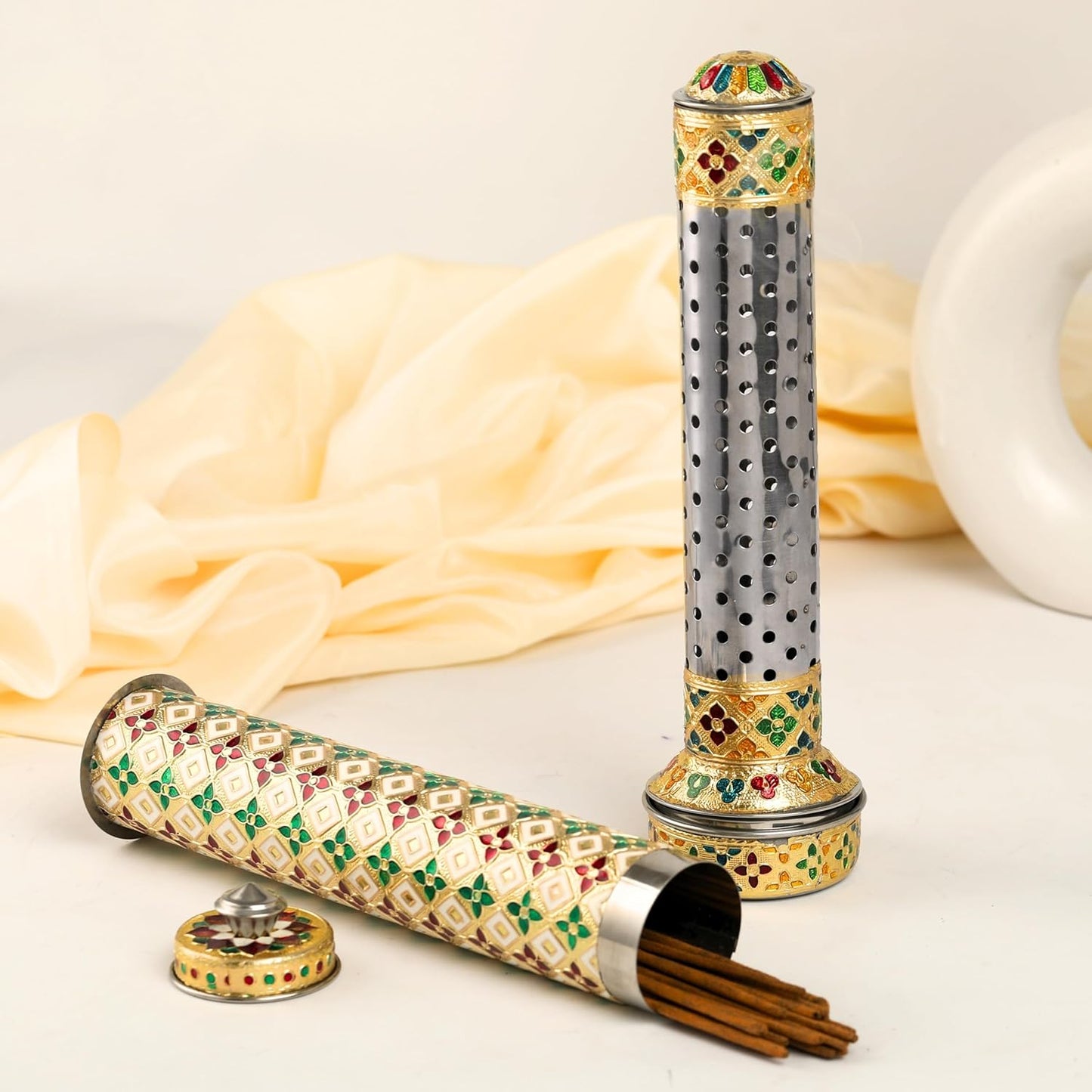 Meenakari Stainless Steel Agarbatti Storage Box with Stand Incense Stick Holder with Stand Incense Storage Box & Holder (Combo)