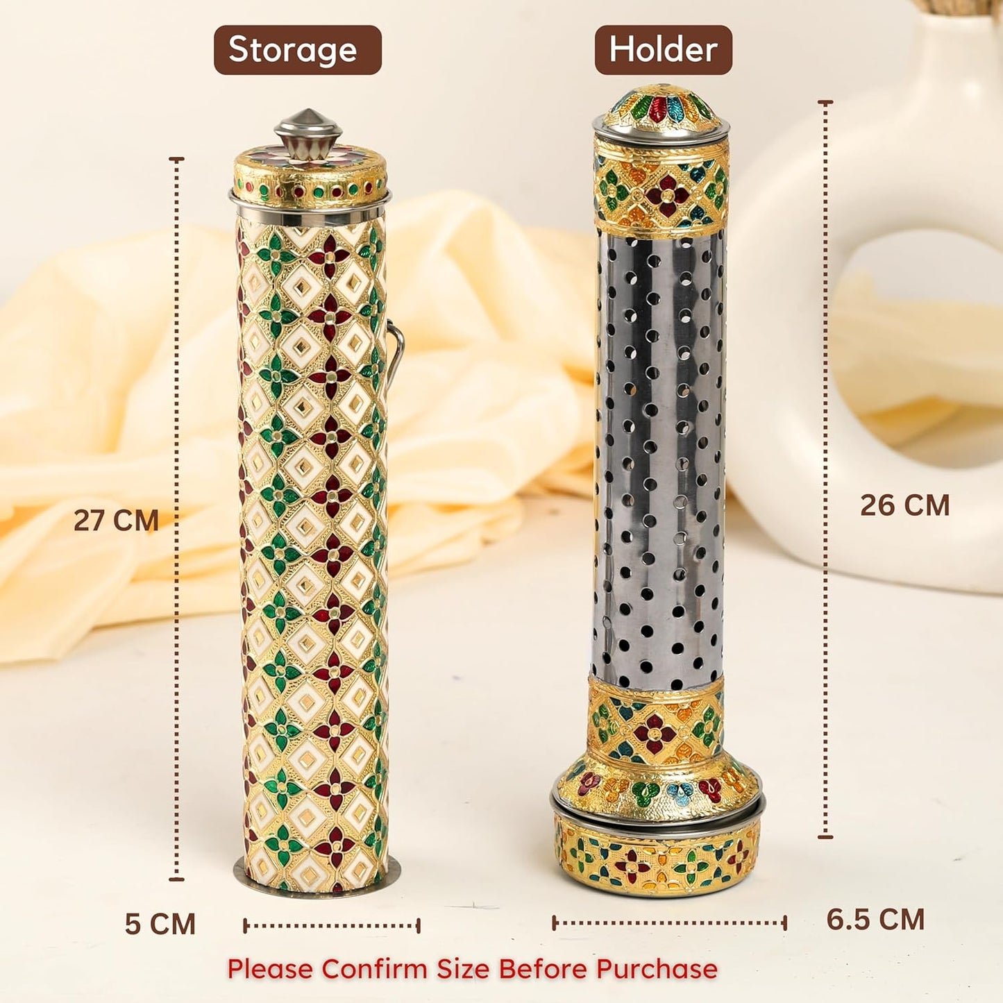 Meenakari Stainless Steel Agarbatti Storage Box with Stand Incense Stick Holder with Stand Incense Storage Box & Holder (Combo)