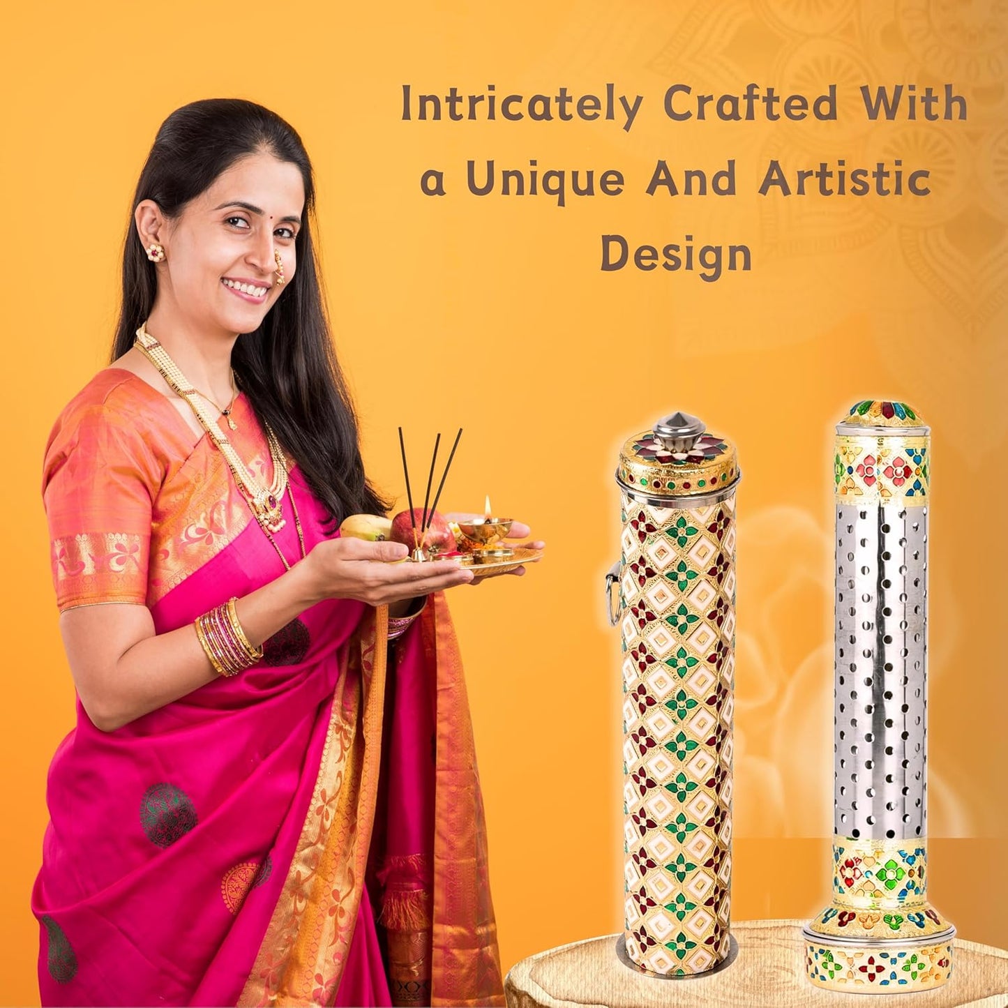 Meenakari Stainless Steel Agarbatti Storage Box with Stand Incense Stick Holder with Stand Incense Storage Box & Holder (Combo)