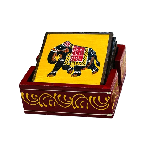 indian Handmade Wooden Hand-Painted 6Pc Tea Coaster Set