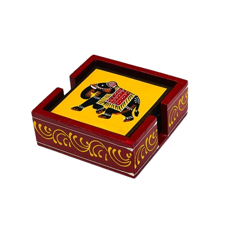 indian Handmade Wooden Hand-Painted 6Pc Tea Coaster Set