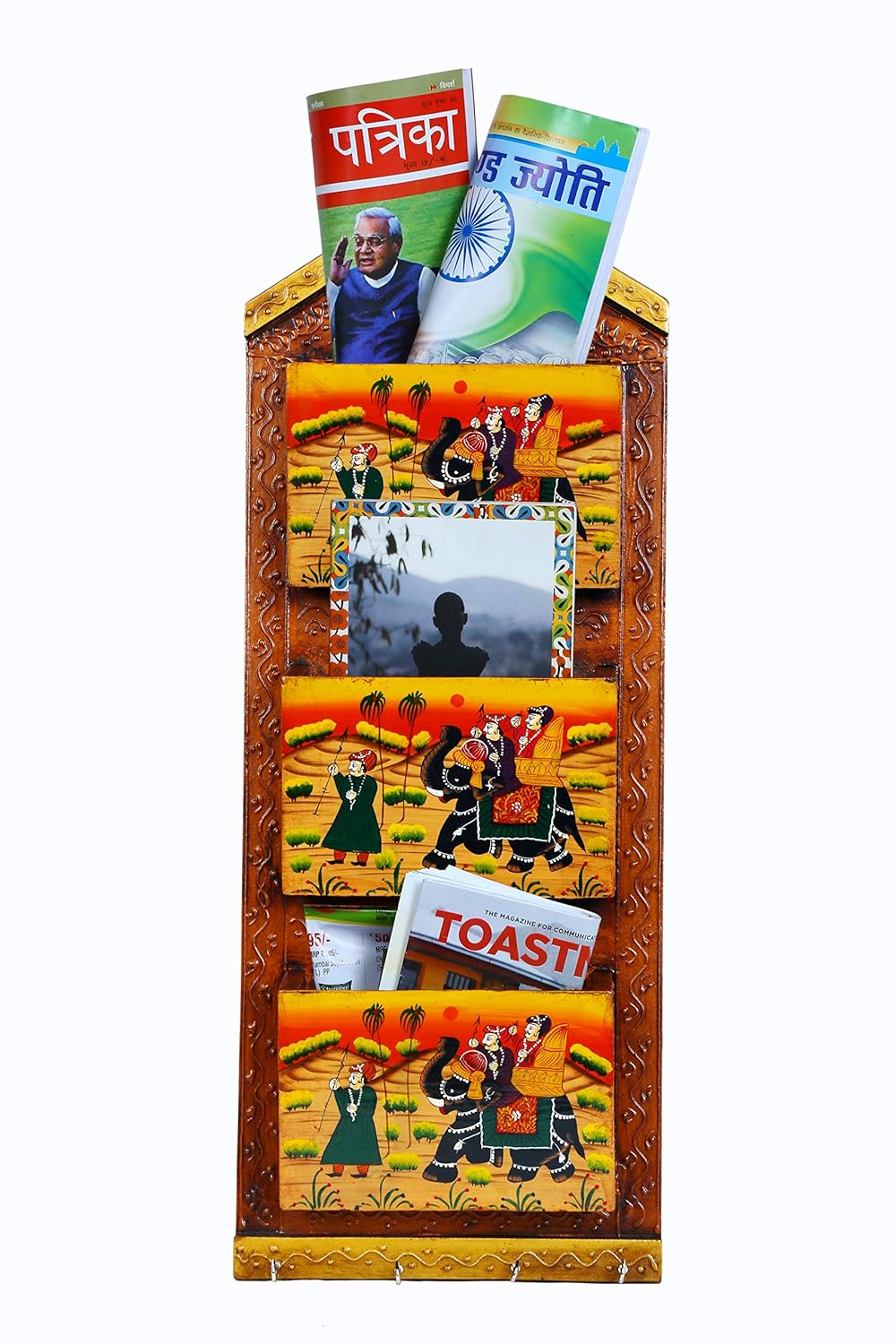 Wooden Hand Painted Letter /Magazine /Newspaper Holder and 4 Key Holder for Wall Home Decor & Gift (21X9 inches, Brown)