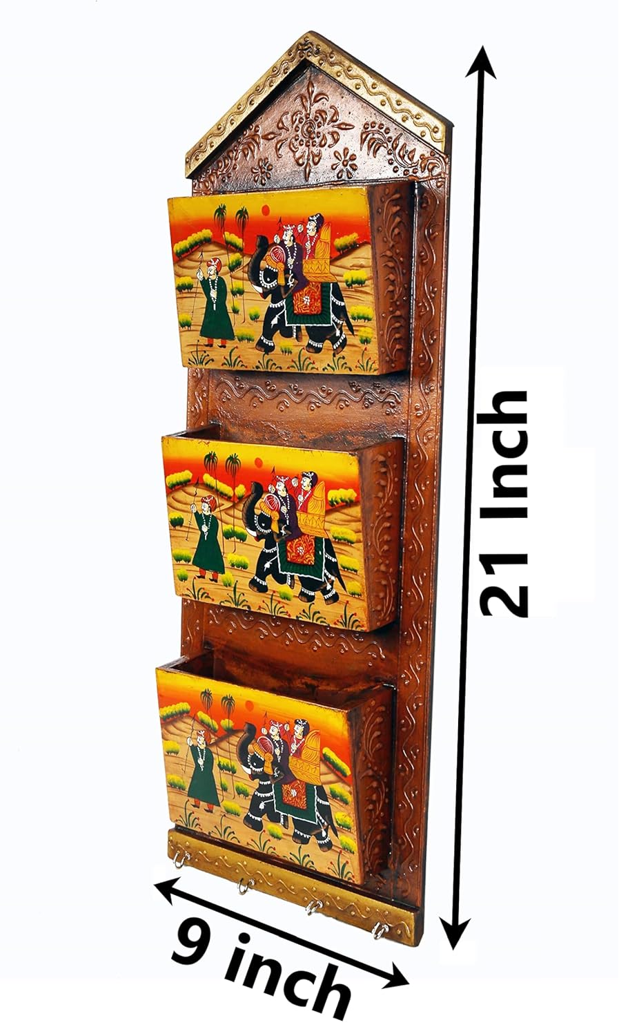 Wooden Hand Painted Letter /Magazine /Newspaper Holder and 4 Key Holder for Wall Home Decor & Gift (21X9 inches, Brown)