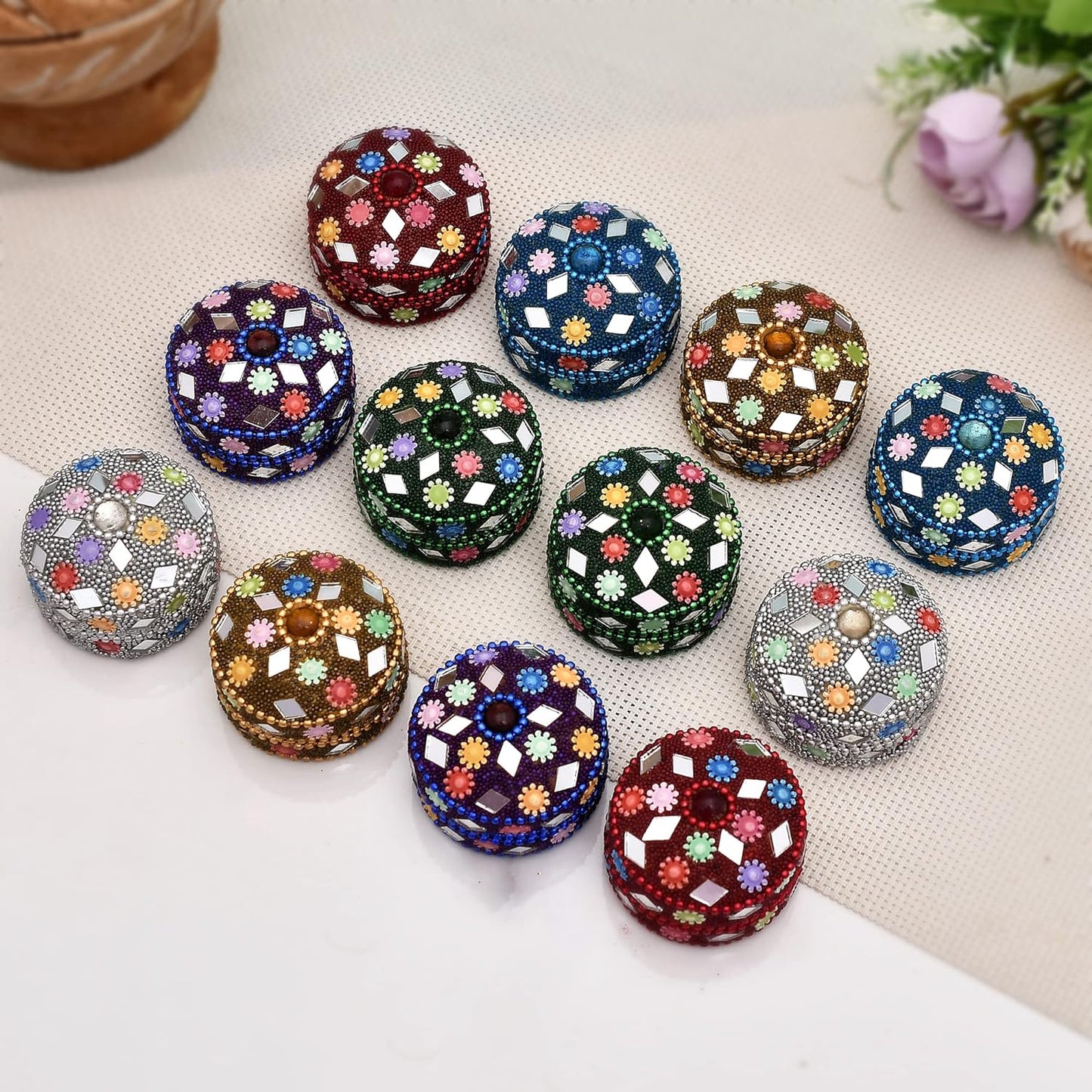 Handmade Aluminium Lacquer Sindoor , Pill And Earring Box (Set of 12), Round