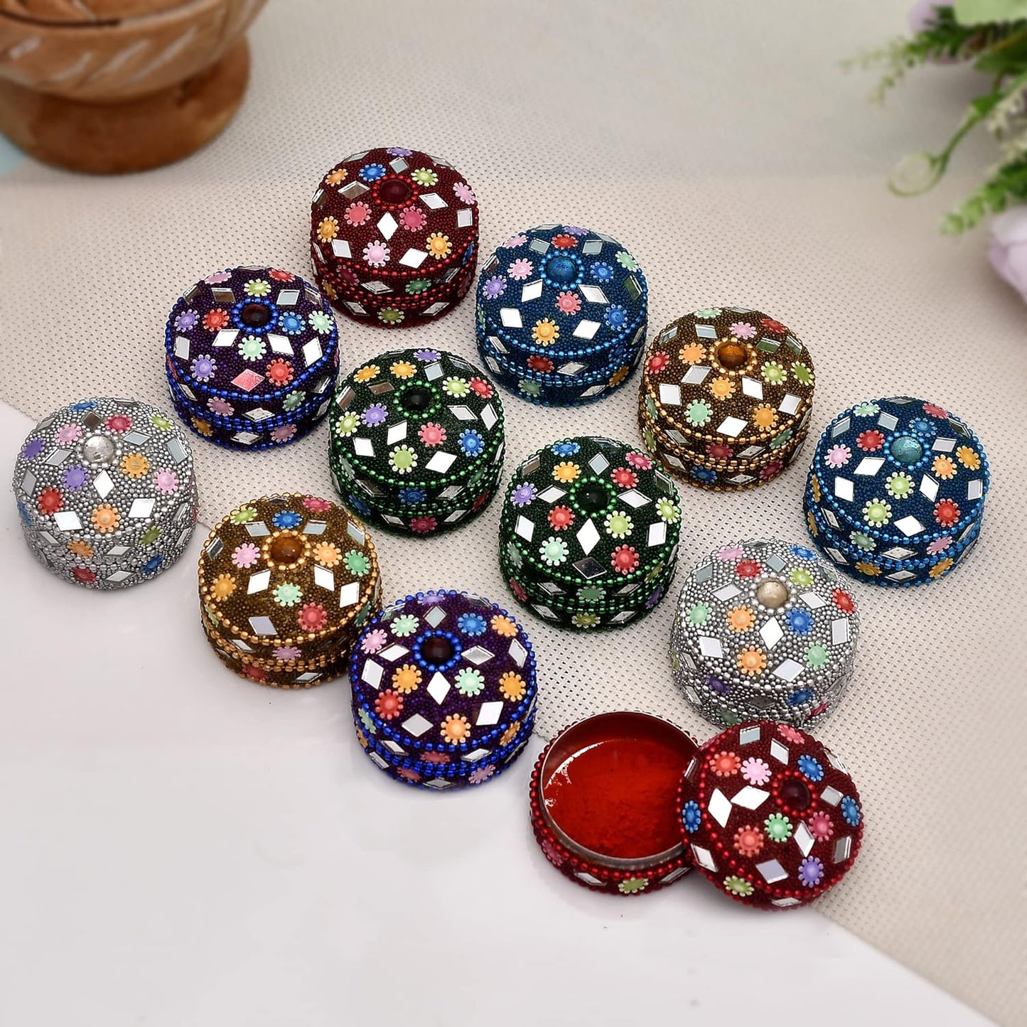 Handmade Aluminium Lacquer Sindoor , Pill And Earring Box (Set of 12), Round
